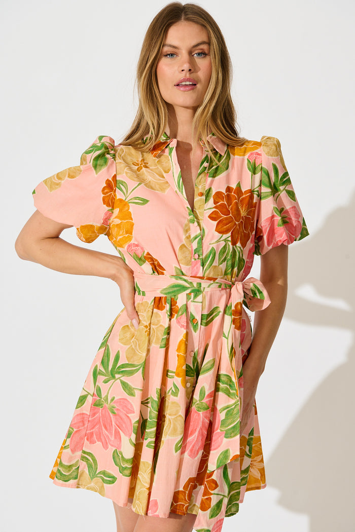 Beck Shirt Dress in Peach Floral Cotton front