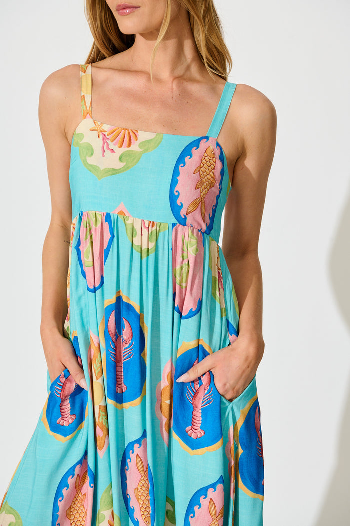 Canna Maxi Sundress in Blue Multi Print detail