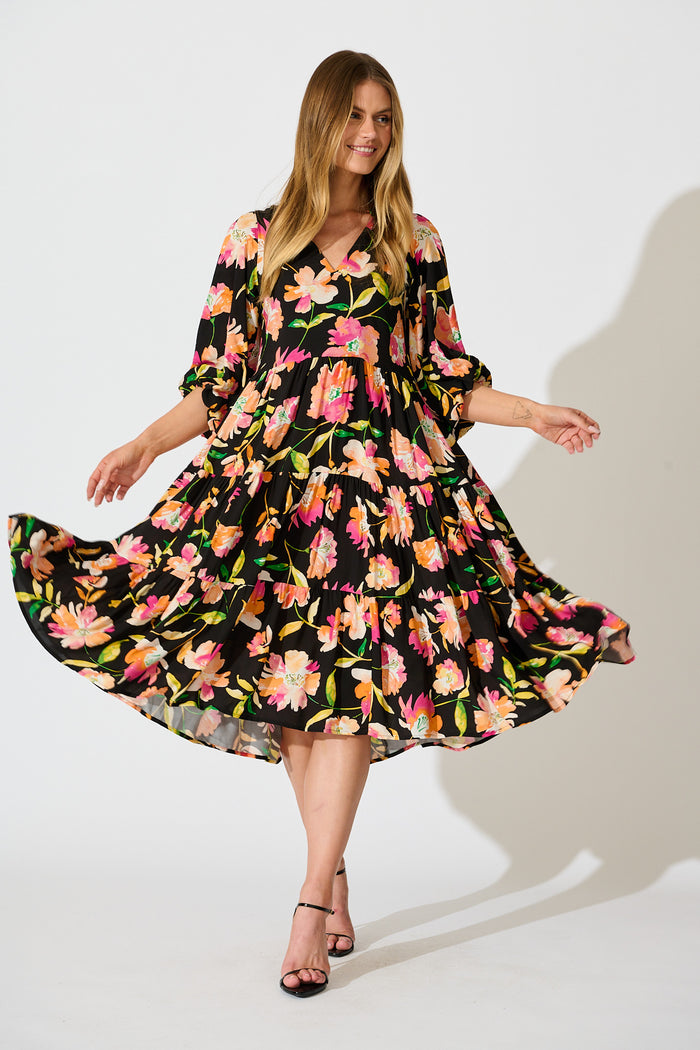 Kehlana Tiered Smock Dress in Black with Tangerine Floral full length