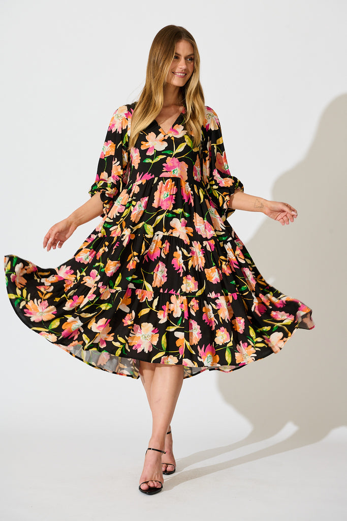 Kehlana Tiered Smock Dress in Black with Tangerine Floral full length