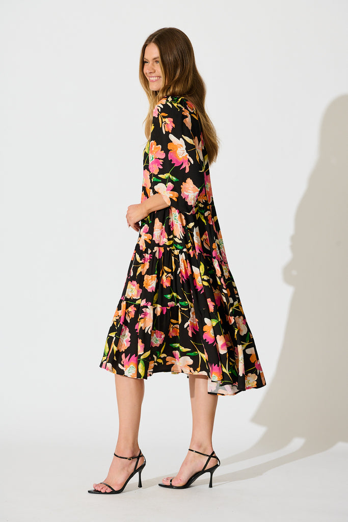 Kehlana Tiered Smock Dress in Black with Tangerine Floral side