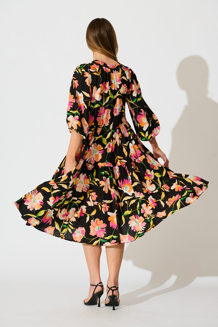 Kehlana Tiered Smock Dress in Black with Tangerine Floral back