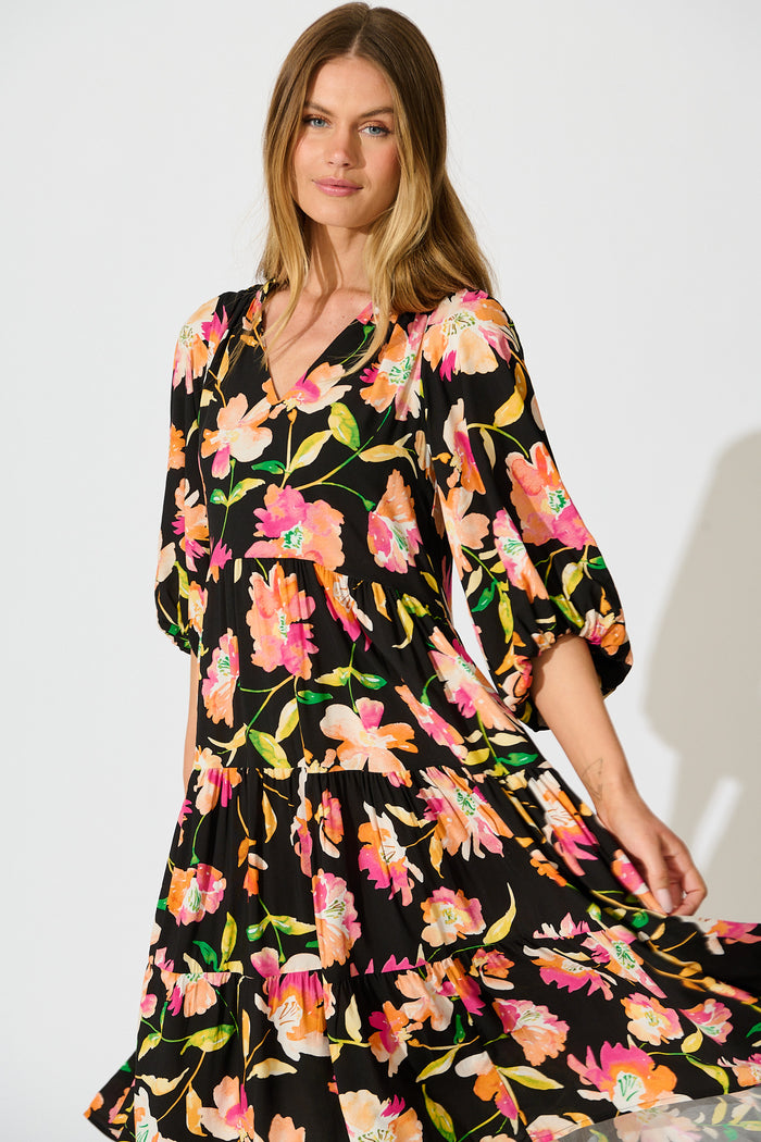 Kehlana Tiered Smock Dress in Black with Tangerine Floral front