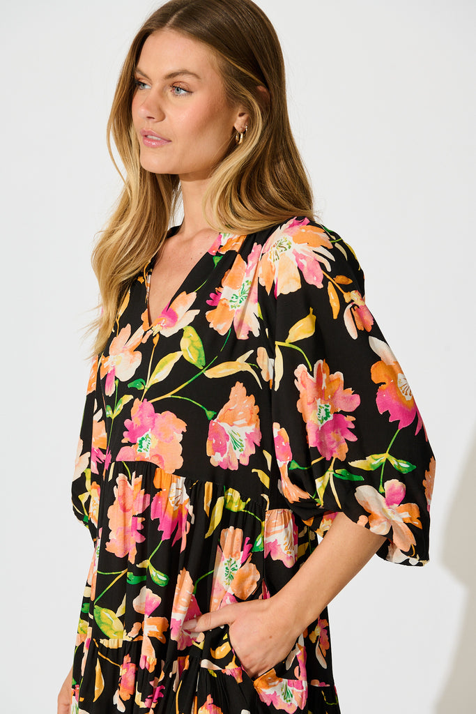 Kehlana Tiered Smock Dress in Black with Tangerine Floral detail