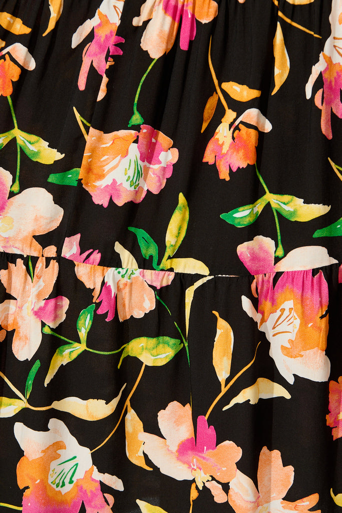 Kehlana Tiered Smock Dress in Black with Tangerine Floral fabric