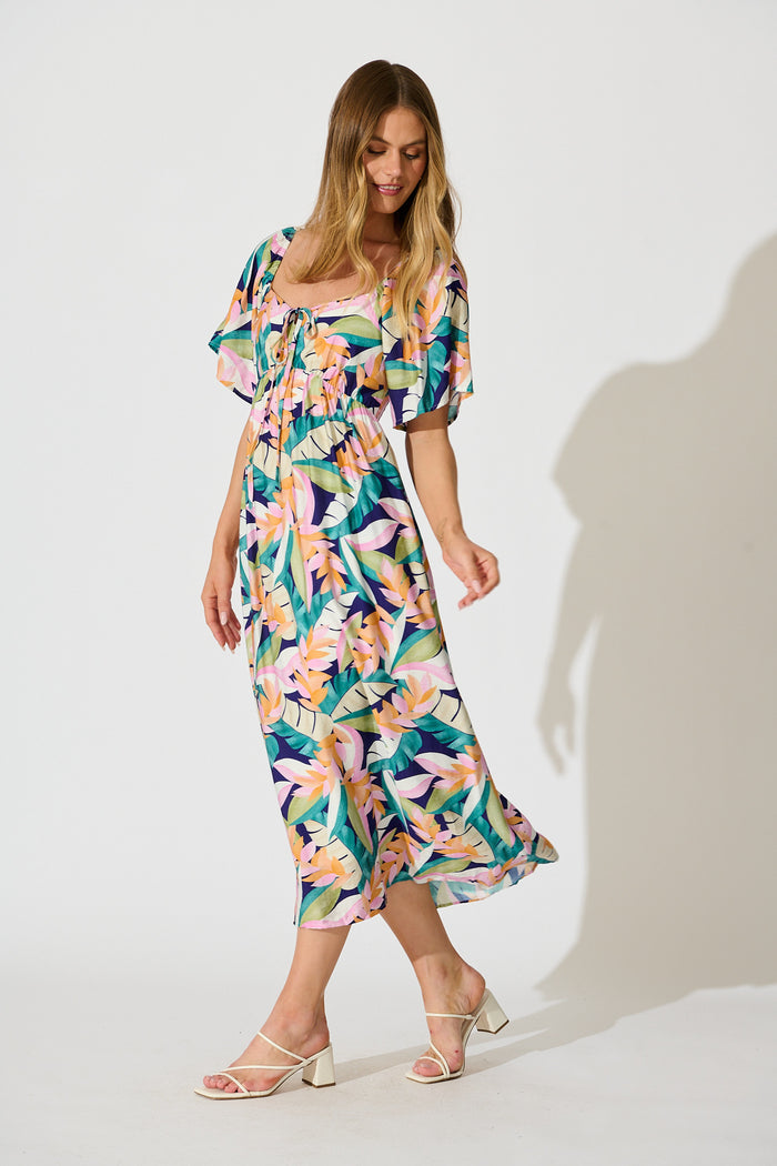 Anemone Midi Dress in Multi Leaf Print side