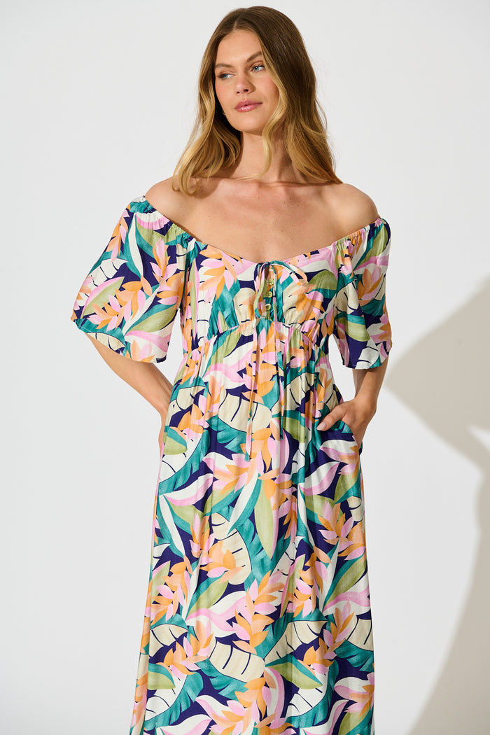 Anemone Midi Dress in Multi Leaf Print front off shoulder