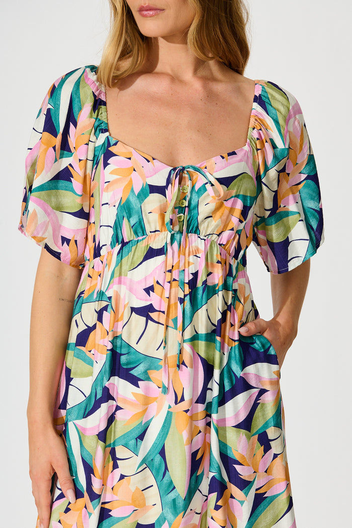 Anemone Midi Dress in Multi Leaf Print detail