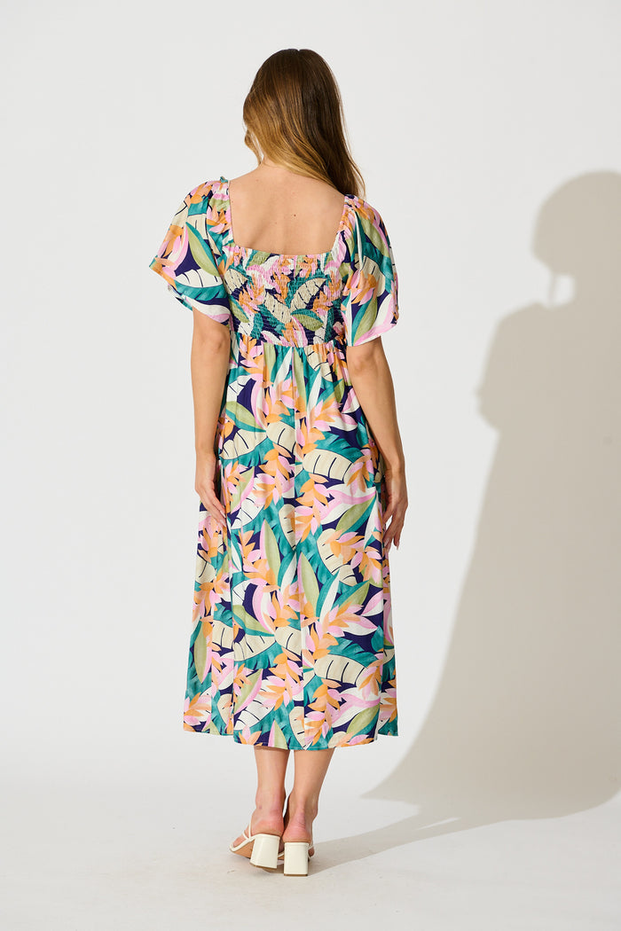 Anemone Midi Dress in Multi Leaf Print back