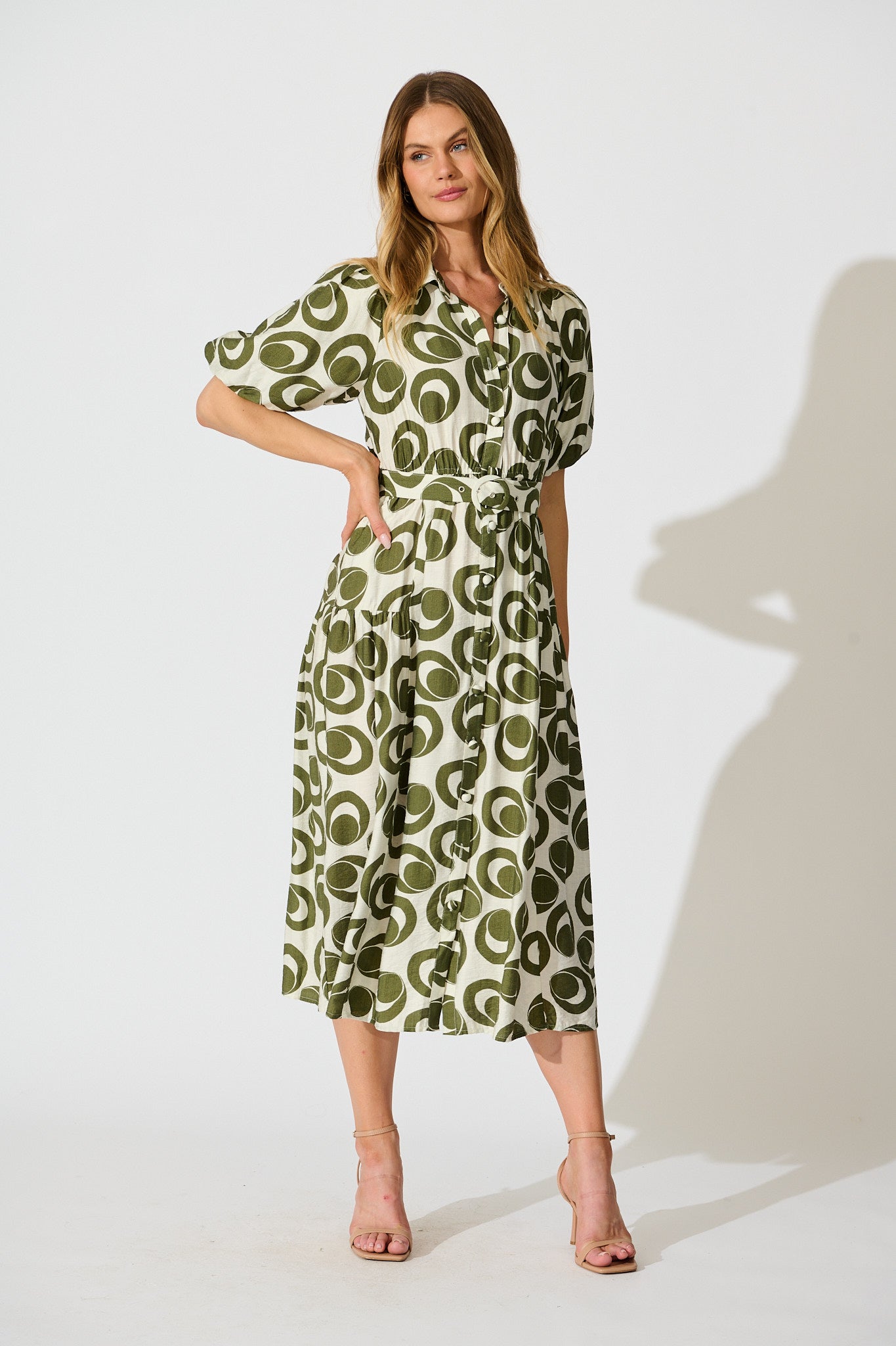Asazie Midi Shirt Dress in White with Green Print full length