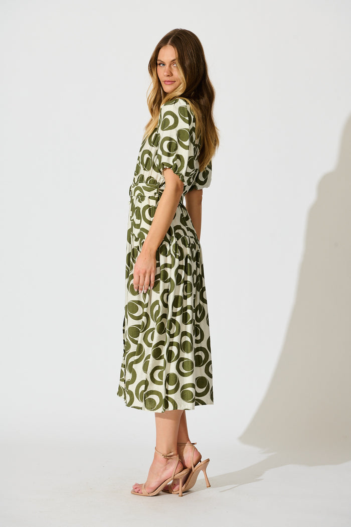 Asazie Midi Shirt Dress in White with Green Print side