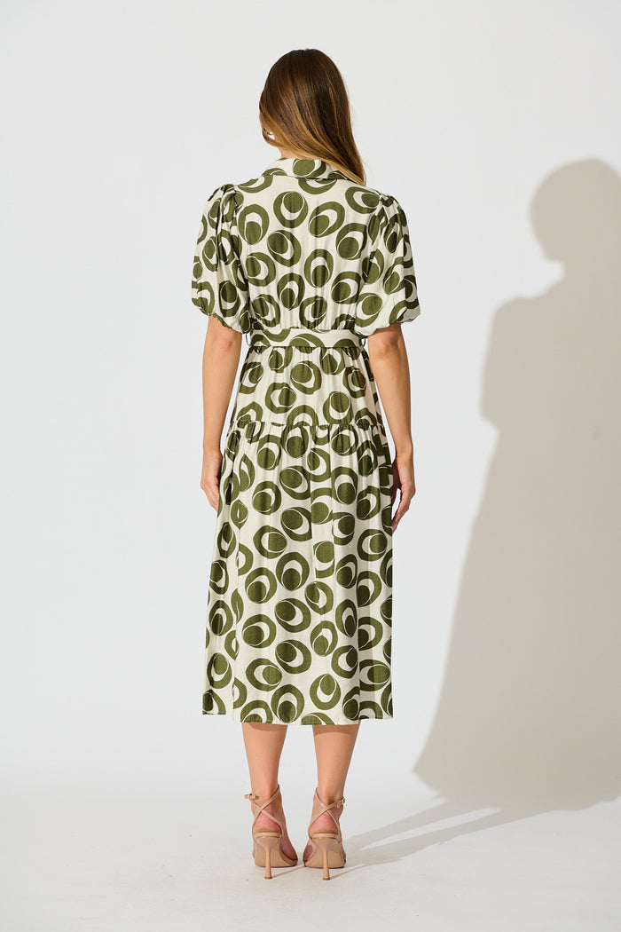 Asazie Midi Shirt Dress in White with Green Print back
