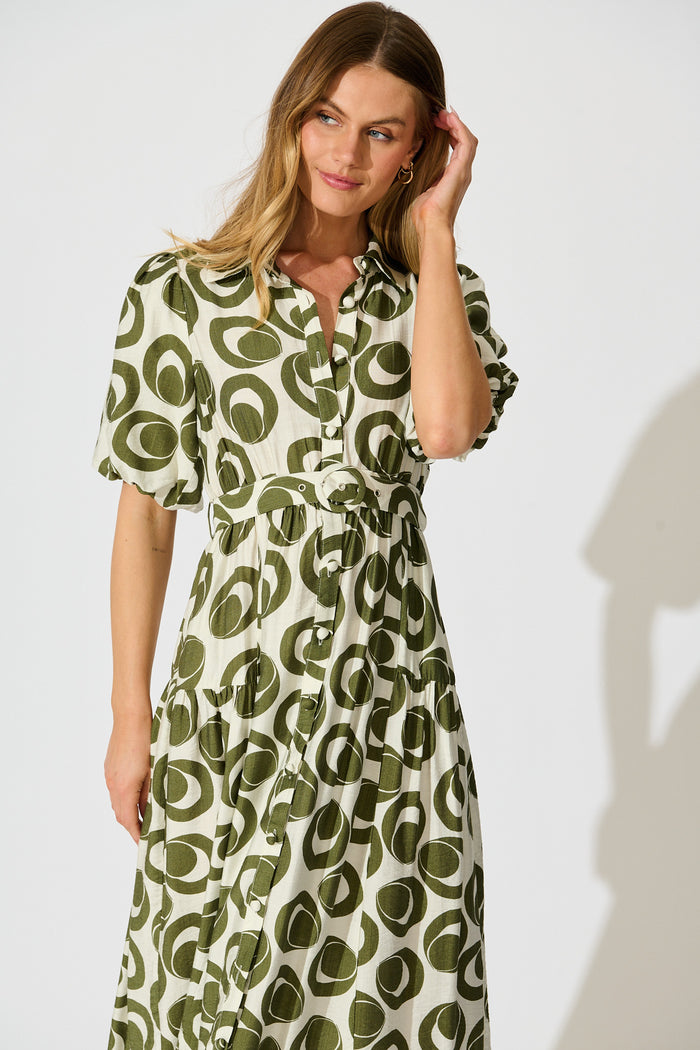 Asazie Midi Shirt Dress in White with Green Print front