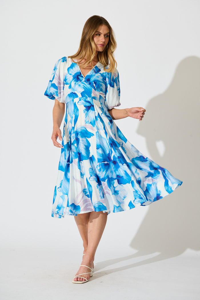Callista Midi Dress in White with Blue Floral full length