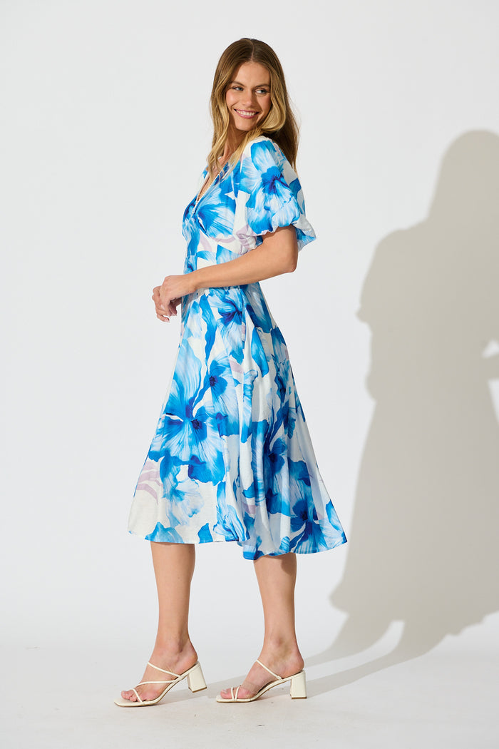 Callista Midi Dress in White with Blue Floral side