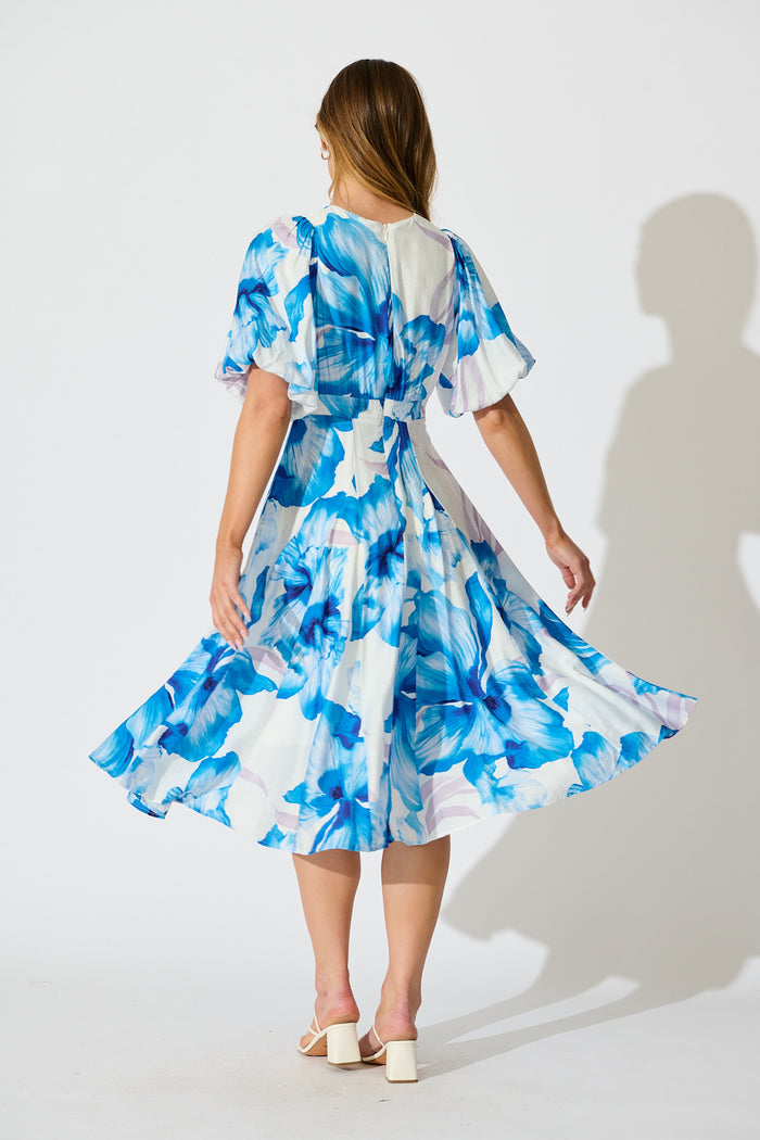 Callista Midi Dress in White with Blue Floral back