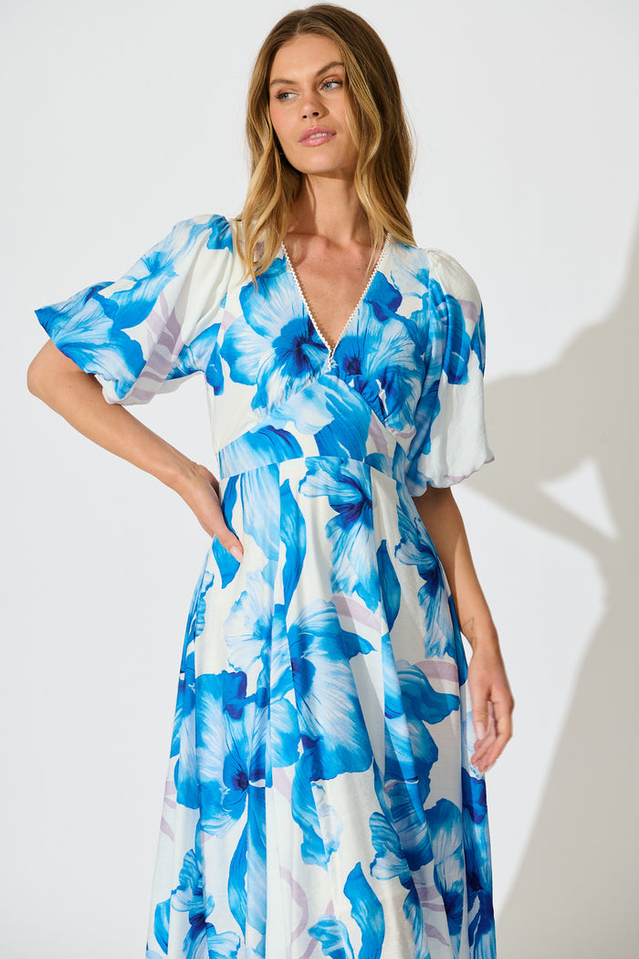 Callista Midi Dress in White with Blue Floral front