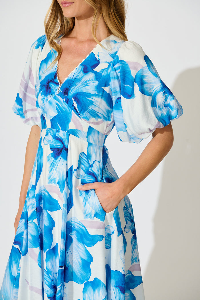 Callista Midi Dress in White with Blue Floral detail
