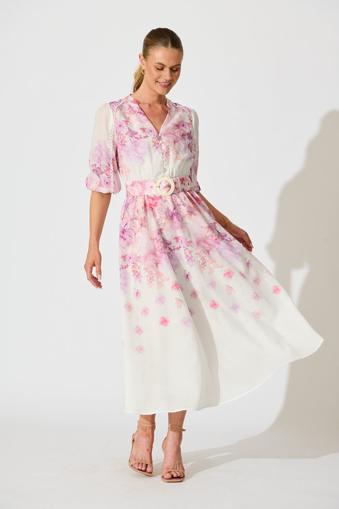 Elaria Maxi Dress in White with Purple Floral Cotton Blend full length
