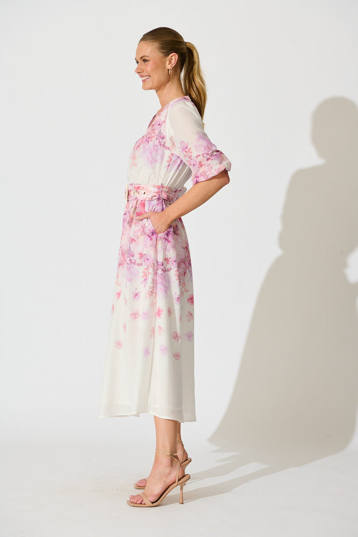 Elaria Maxi Dress in White with Purple Floral Cotton Blend side