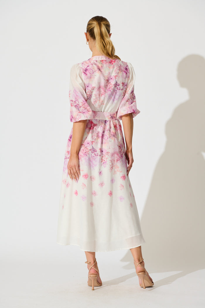 Elaria Maxi Dress in White with Purple Floral Cotton Blend back