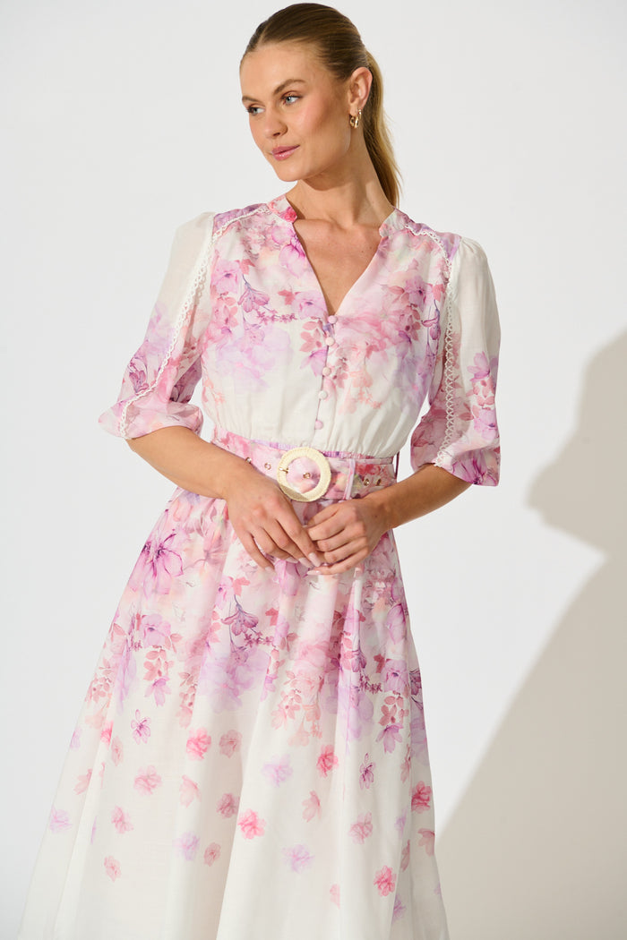 Elaria Maxi Dress in White with Purple Floral Cotton Blend front