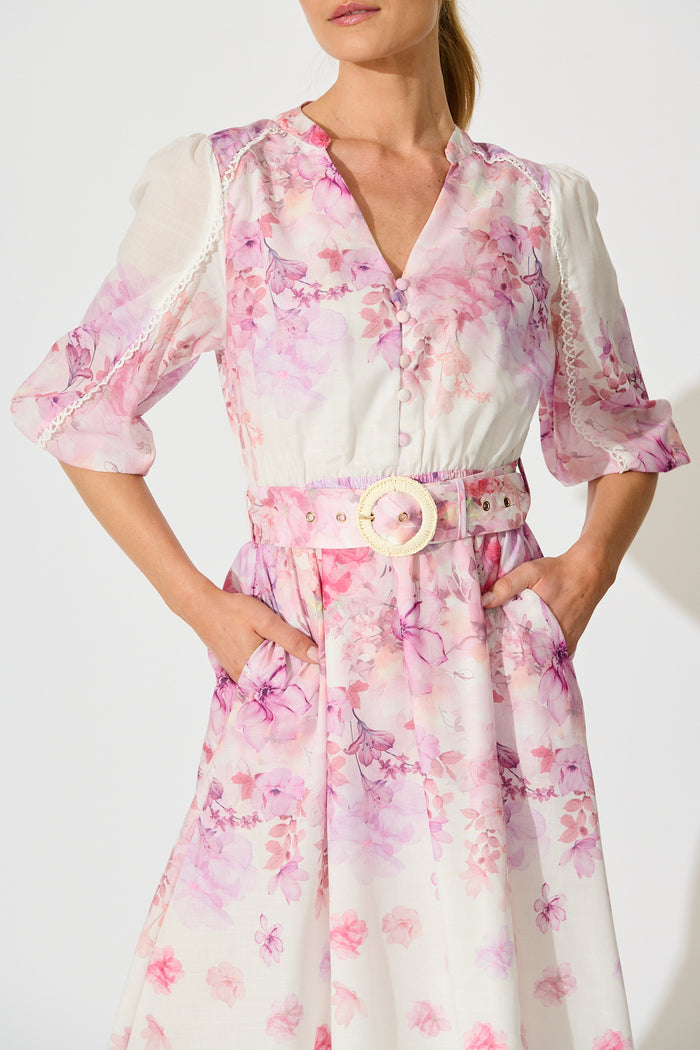 Elaria Maxi Dress in White with Purple Floral Cotton Blend detail