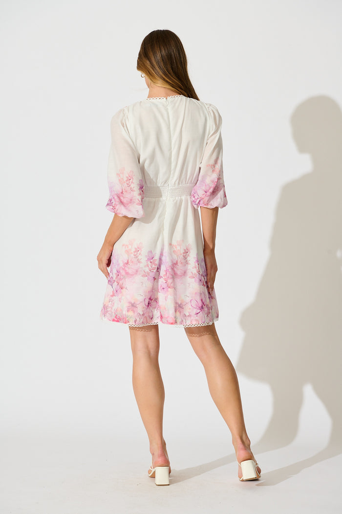 Fenella Dress in White with Purple Floral Cotton Blend back