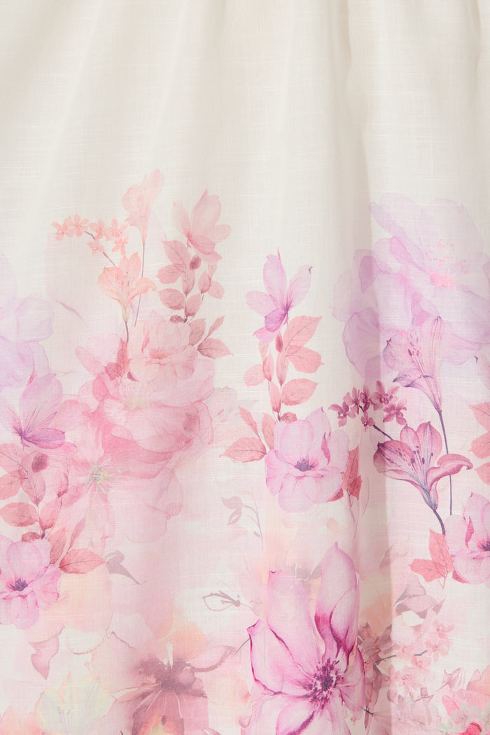 Fenella Dress in White with Purple Floral Cotton Blend fabric