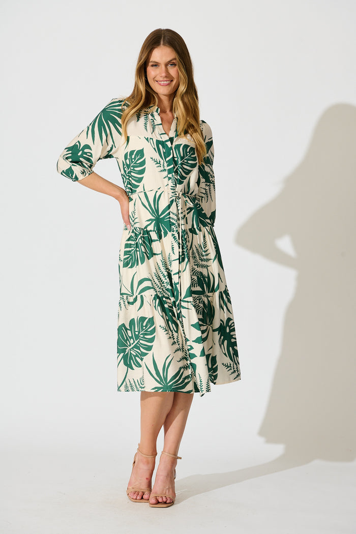 Charmaine Midi Dress in Cream with Green Print full length