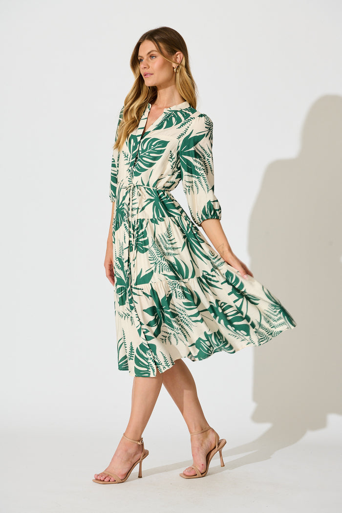 Charmaine Midi Dress in Cream with Green Print side