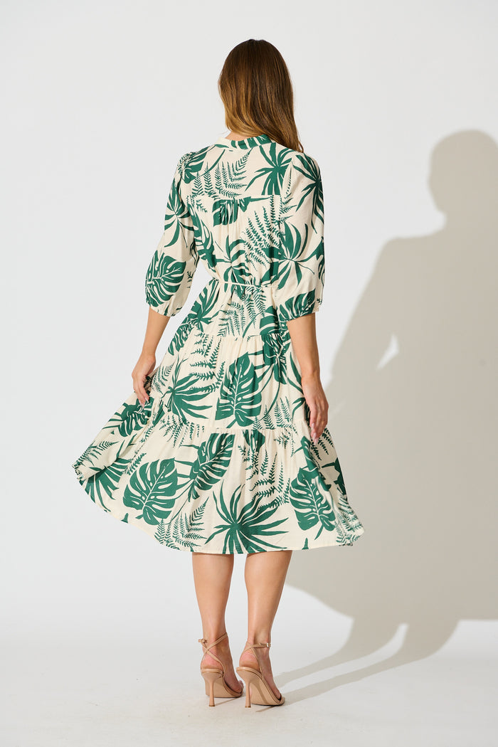 Charmaine Midi Dress in Cream with Green Print back