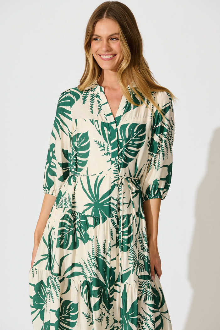 Charmaine Midi Dress in Cream with Green Print front