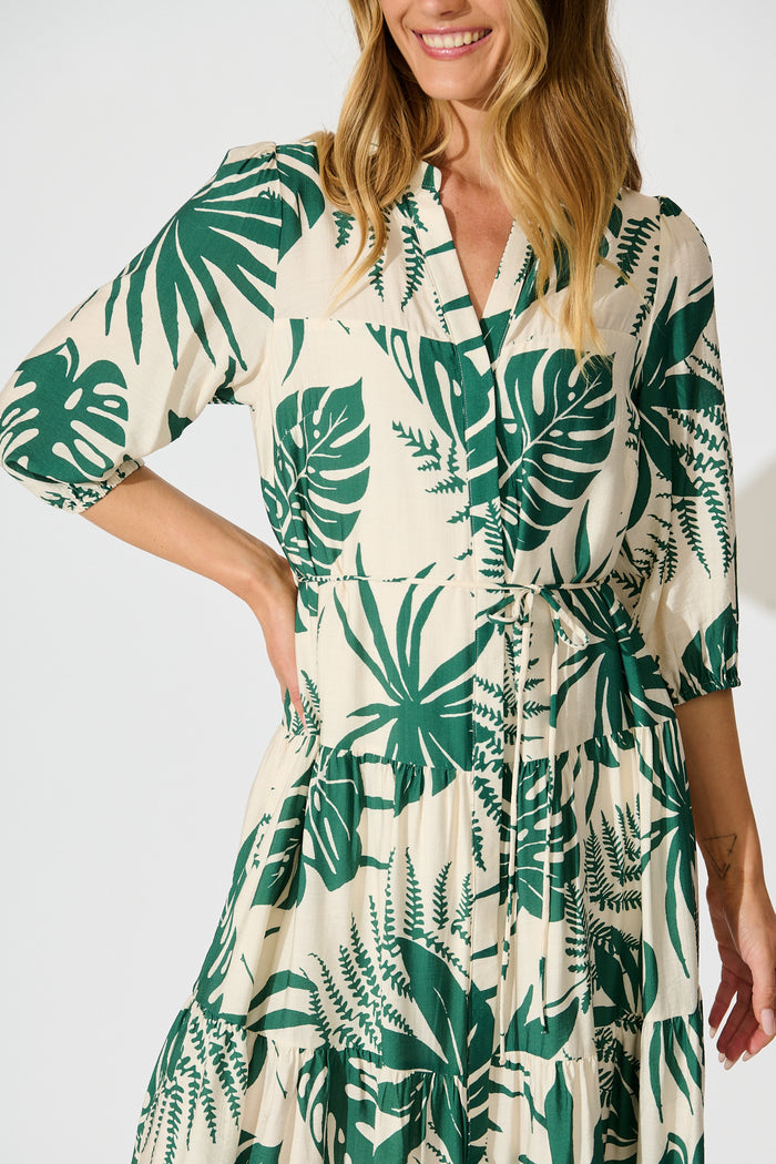Charmaine Midi Dress in Cream with Green Print detail
