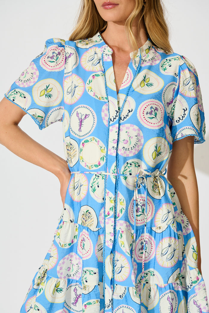Alessandra Dress in Blue Conversational Print detail