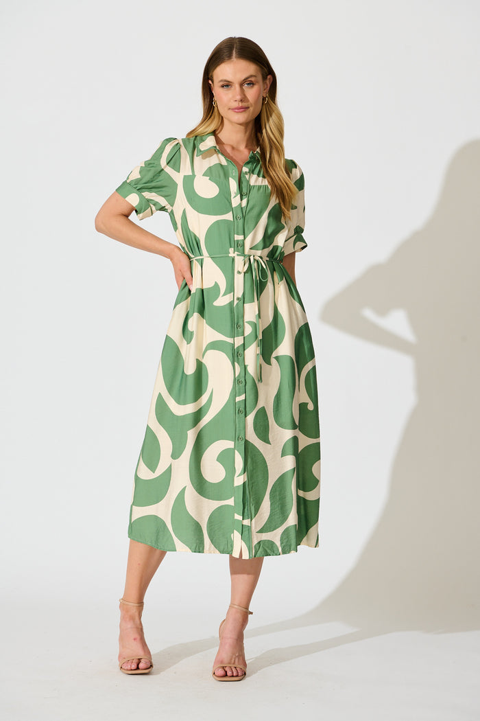 Amarantha Midi Shirt Dress in Green Geometric Print full length