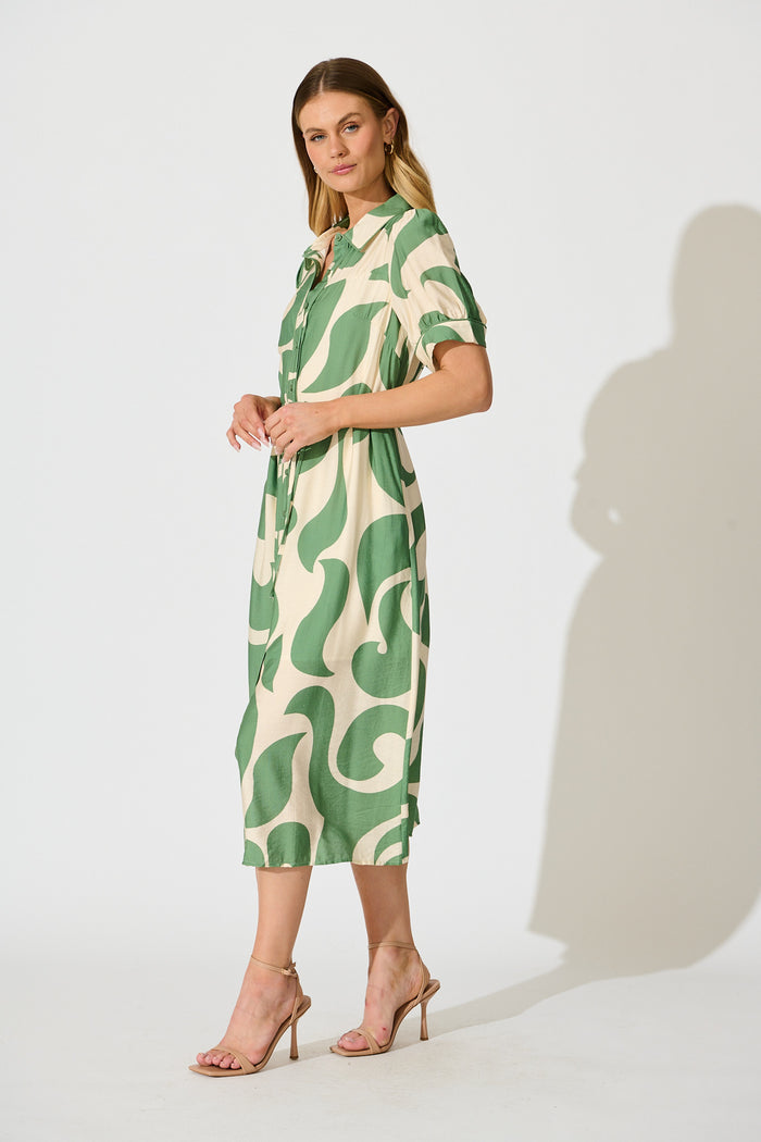 Amarantha Midi Shirt Dress in Green Geometric Print side