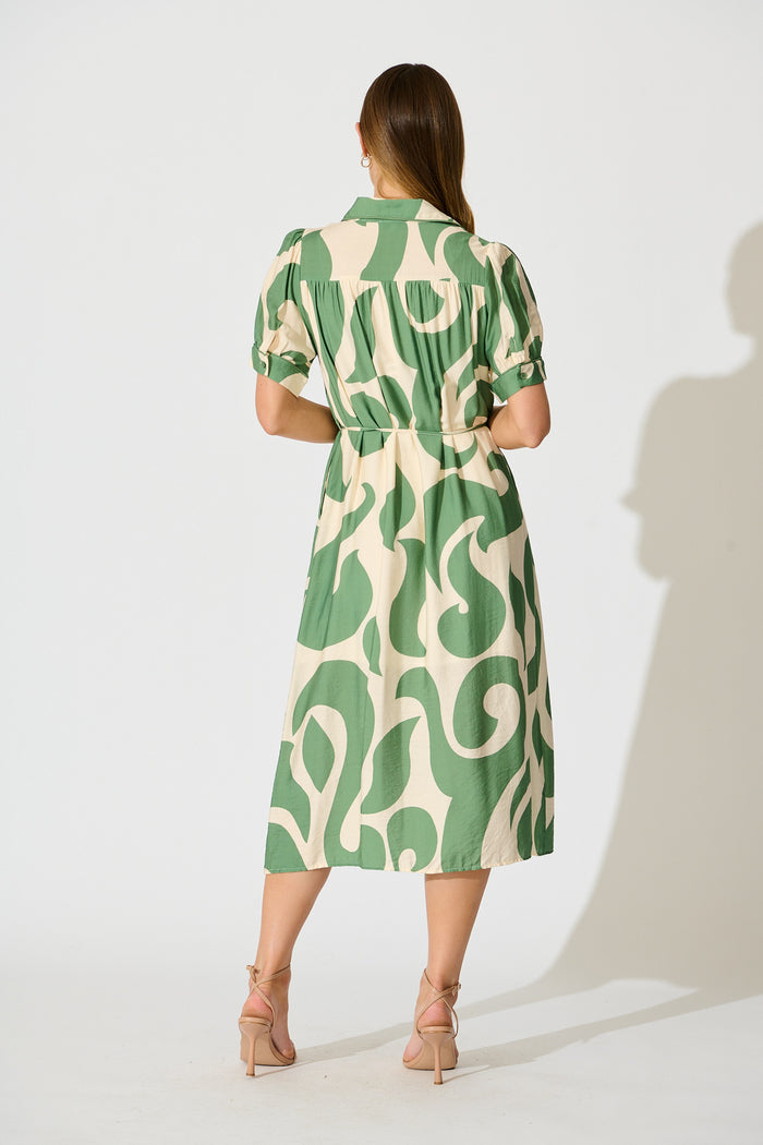 Amarantha Midi Shirt Dress in Green Geometric Print back