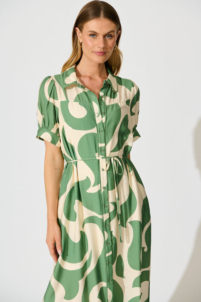 Amarantha Midi Shirt Dress in Green Geometric | St Frock Amarantha Midi Shirt Dress in Green Geometric | St Frock