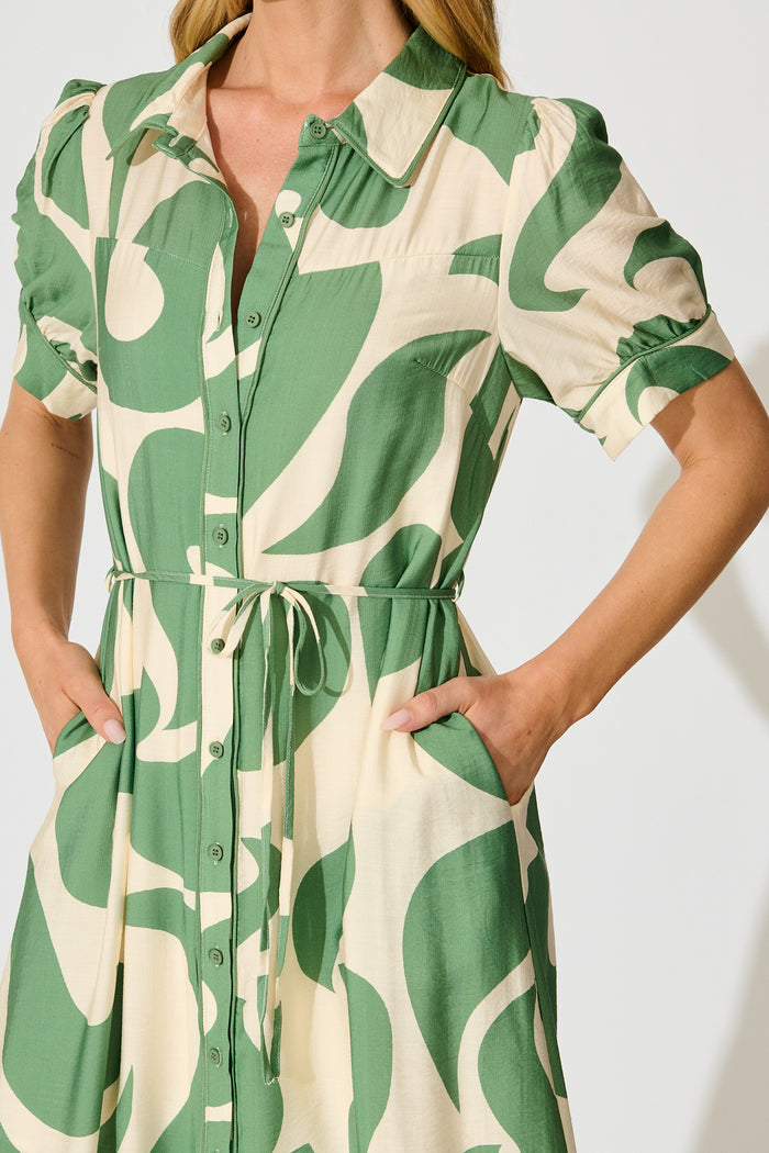 Amarantha Midi Shirt Dress in Green Geometric Print detail