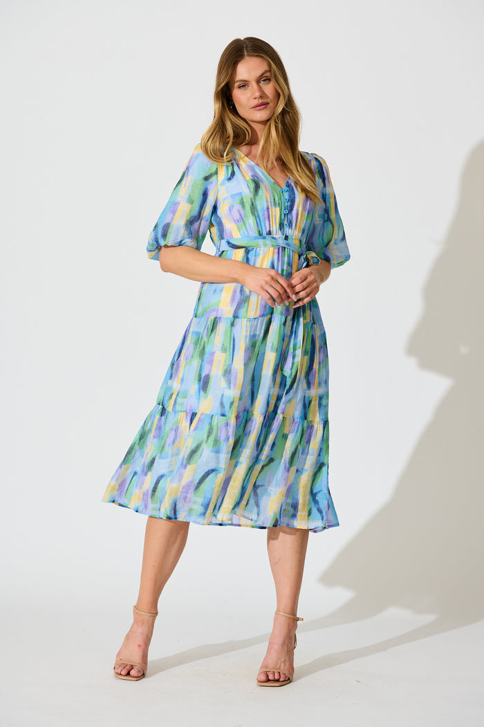 Heloise Midi Dress in Blue Print full length