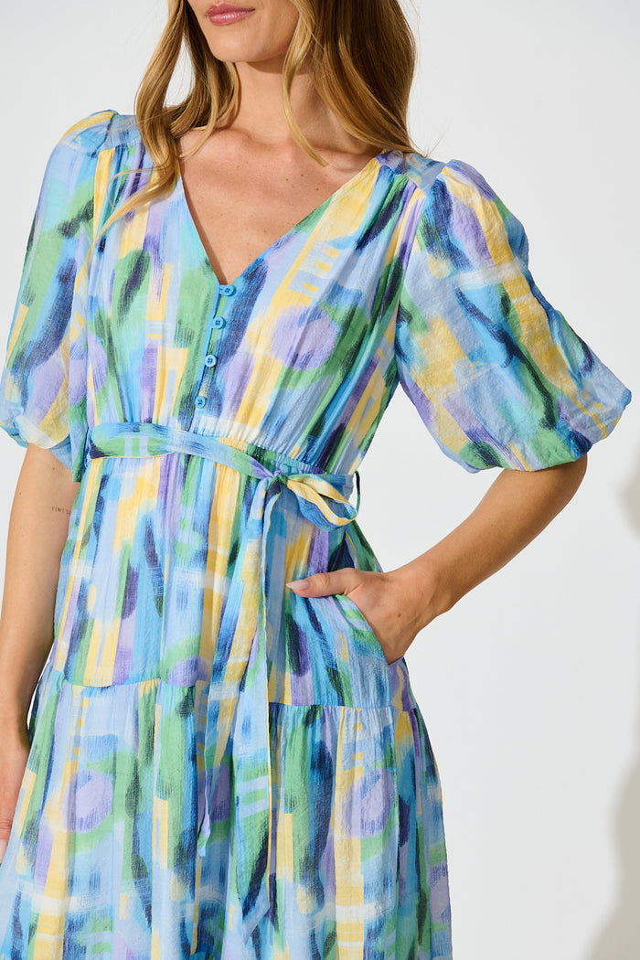 Heloise Midi Dress in Blue Print detail