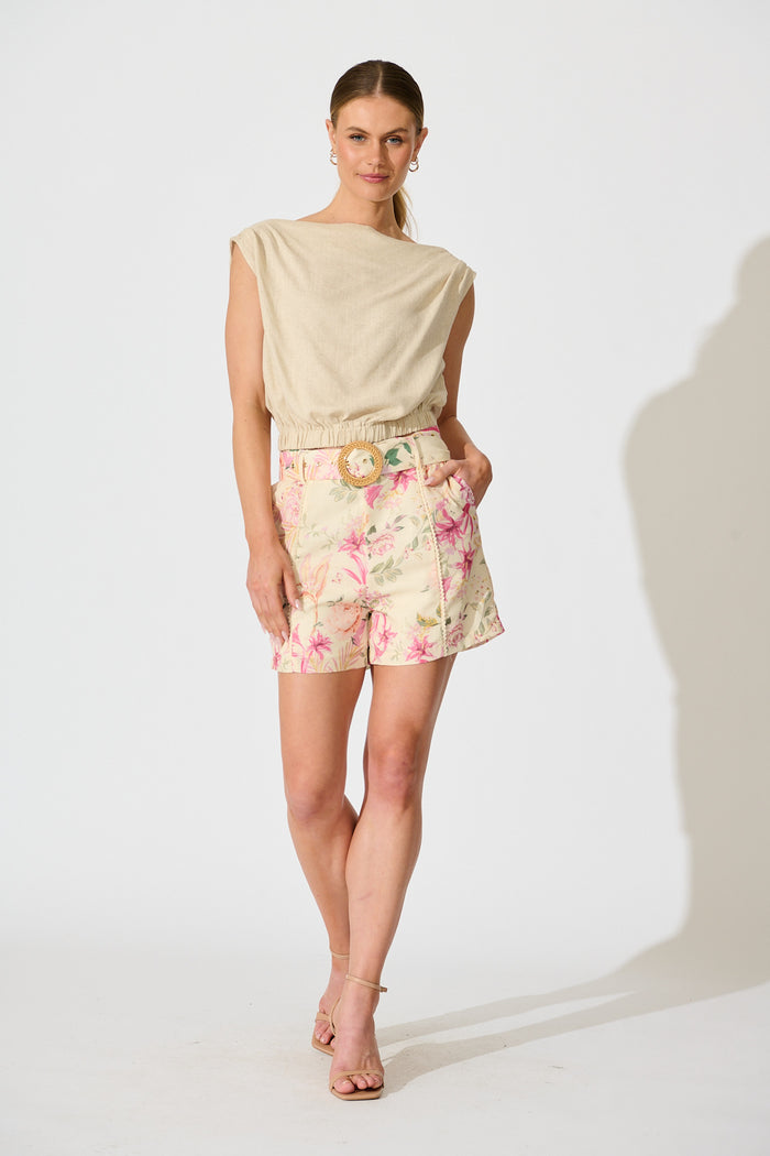 Rosealie Garden Short in Butter Yellow Pink Floral Linen Blend full length