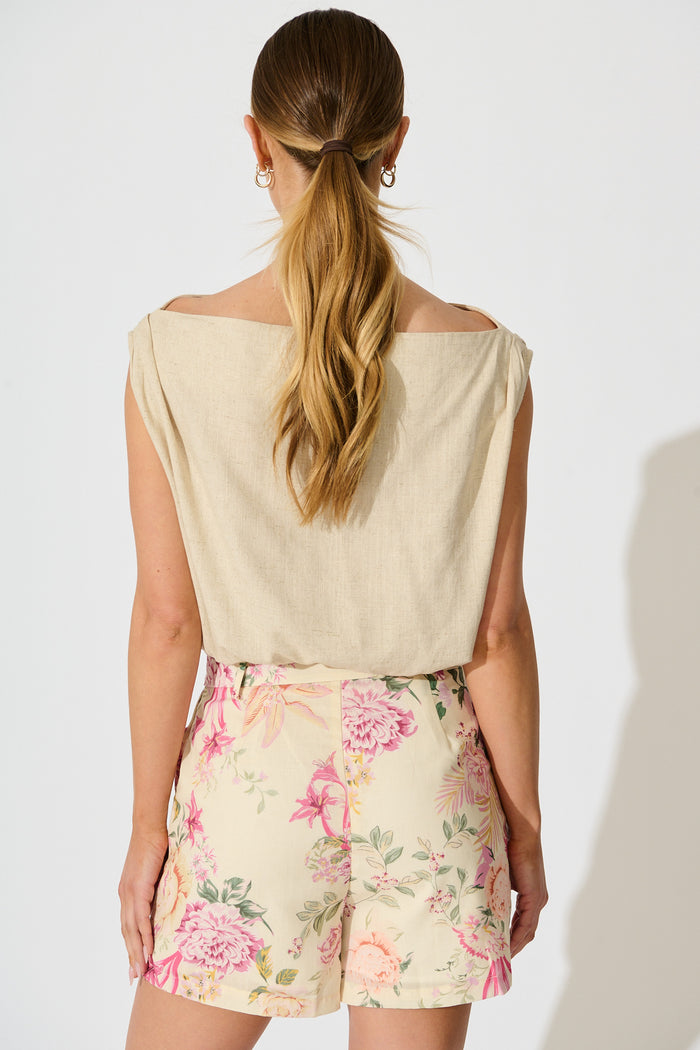 Rosealie Garden Short in Butter Yellow Pink Floral Linen Blend back