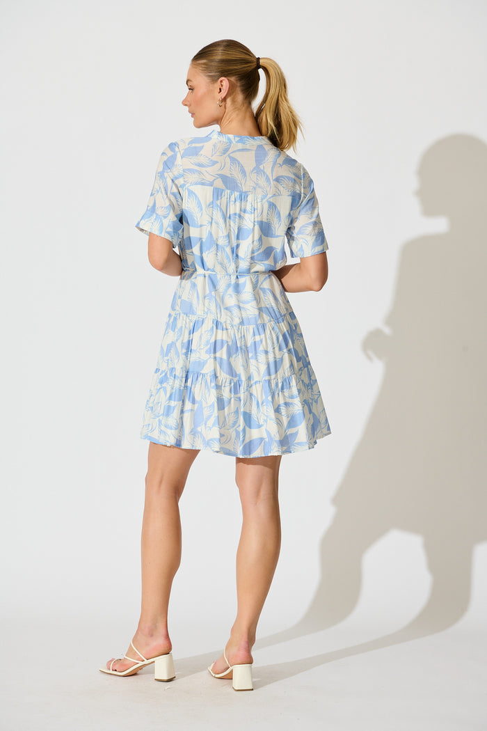 Bluma Dress in White with Blue Leaf Print back