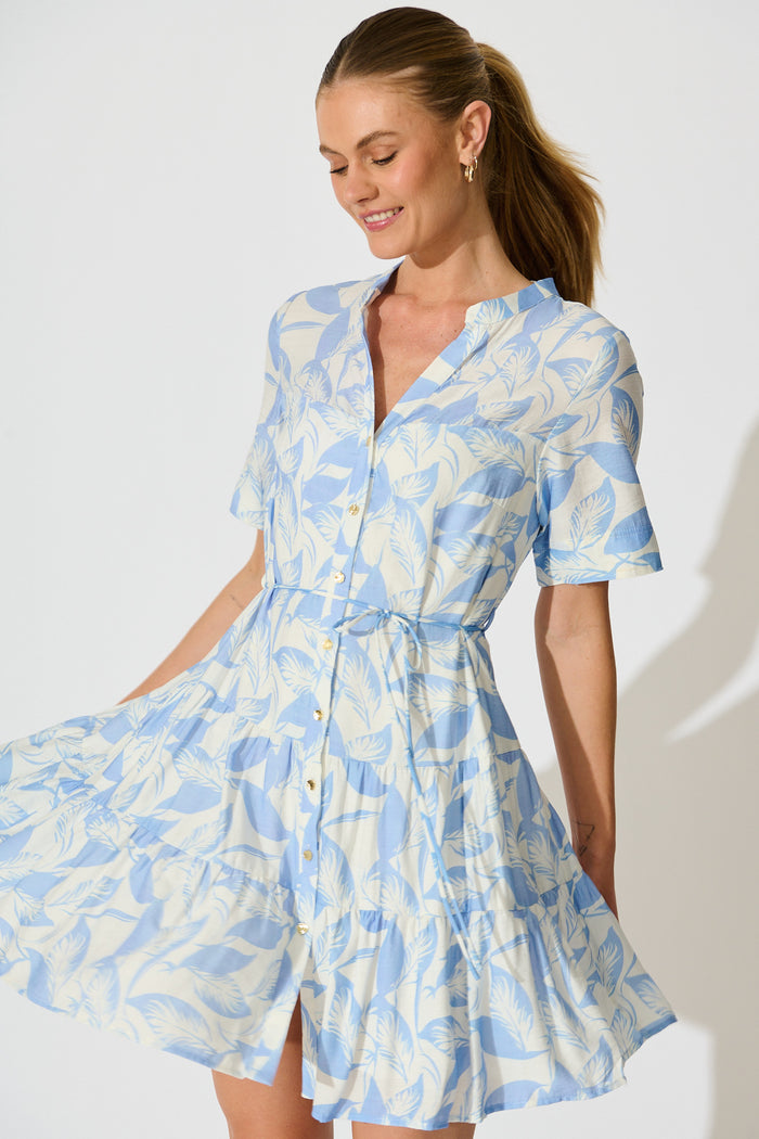 Bluma Dress in White with Blue Leaf Print front