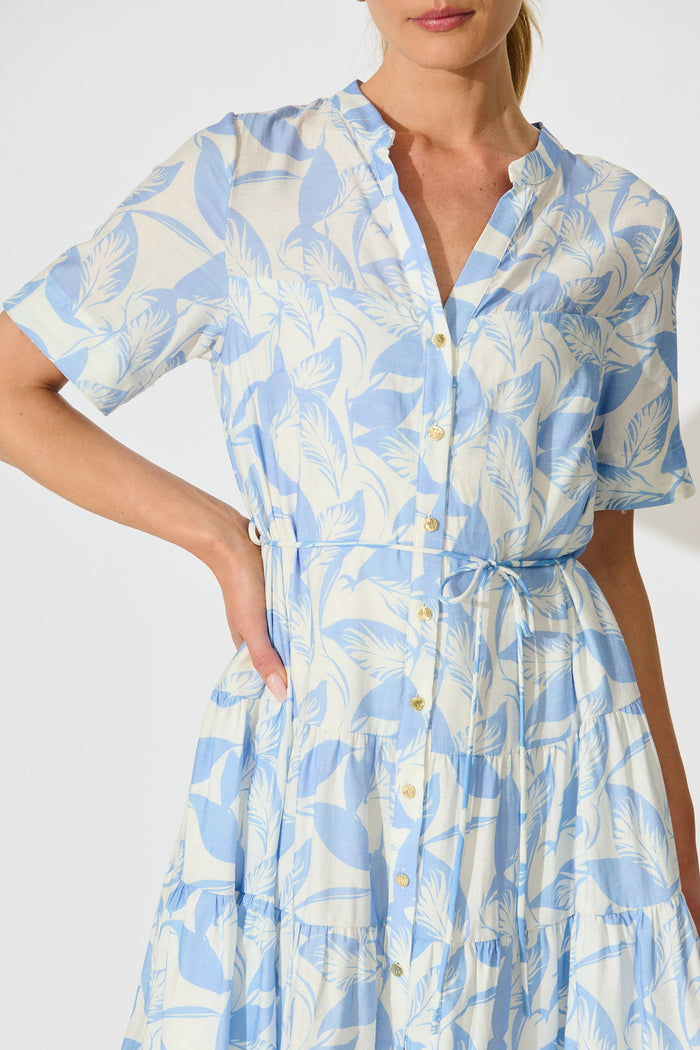 Bluma Dress in White with Blue Leaf Print detail