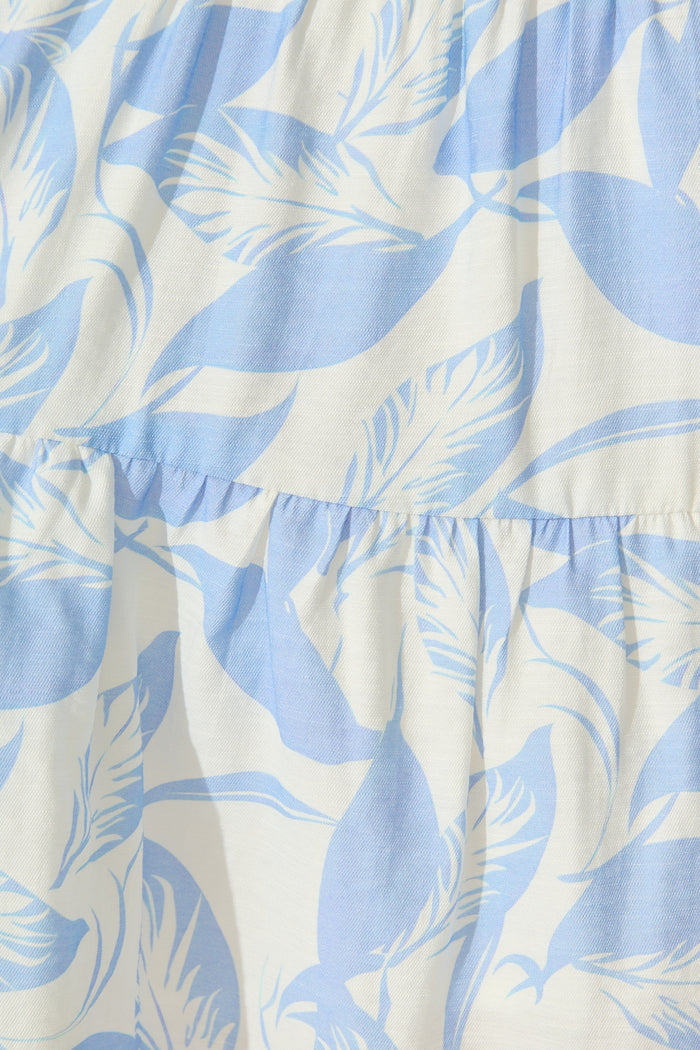Bluma Dress in White with Blue Leaf Print fabric