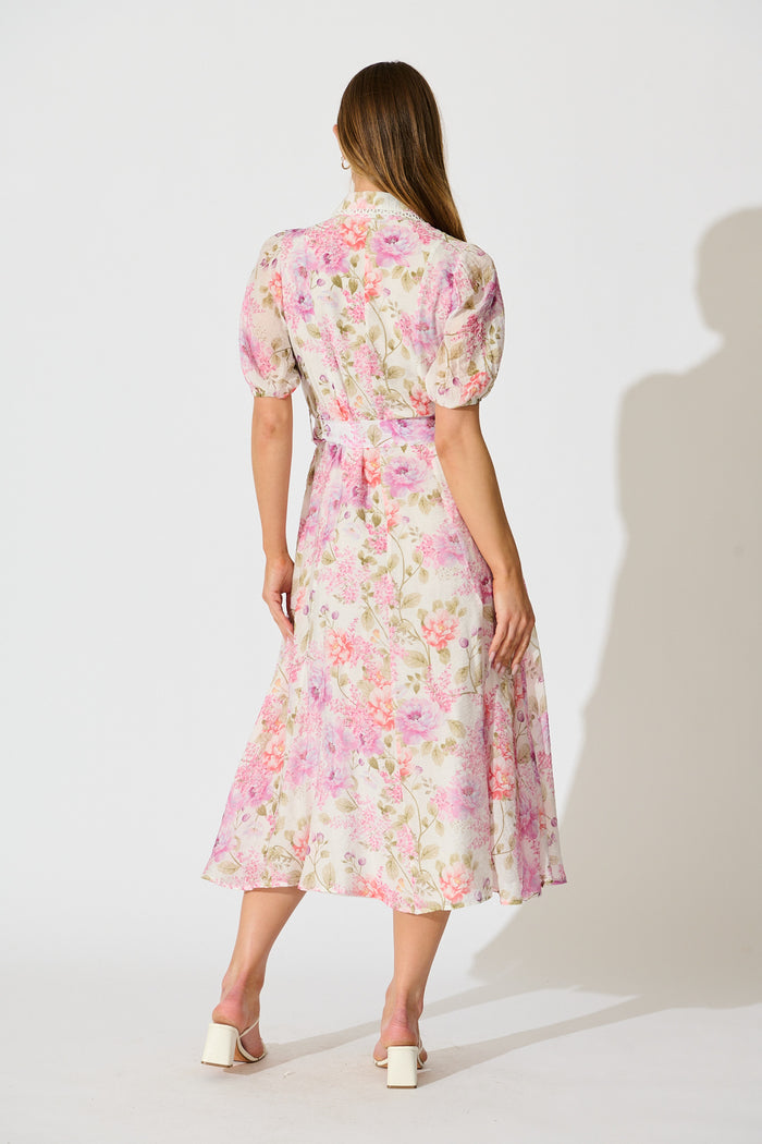 Safiya Maxi Shirt Dress in White with Pink Floral back