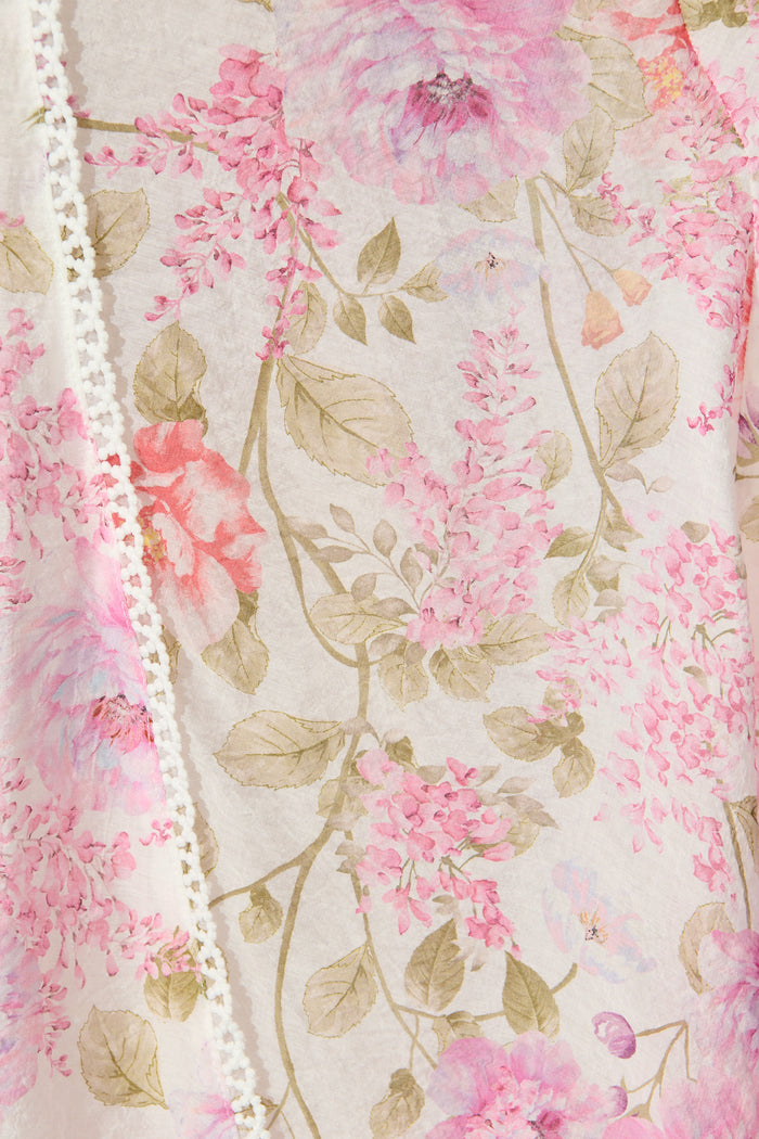 Safiya Maxi Shirt Dress in White with Pink Floral fabric